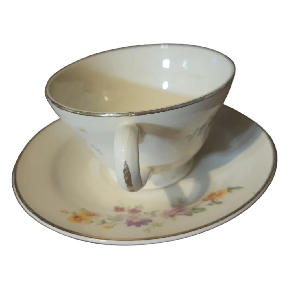 1 Vtg Edwin Knowles Tea Coffee Cup & Saucer Plate Hand Painted Gold Trim Flowers
